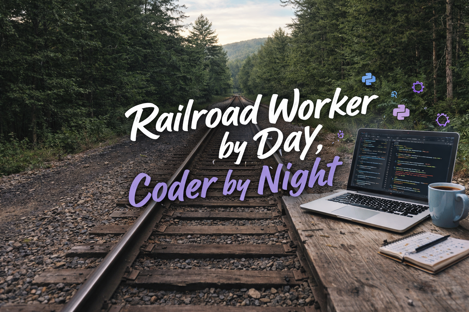 Railroad tracks stretching into the forest, laptop on a wooden table