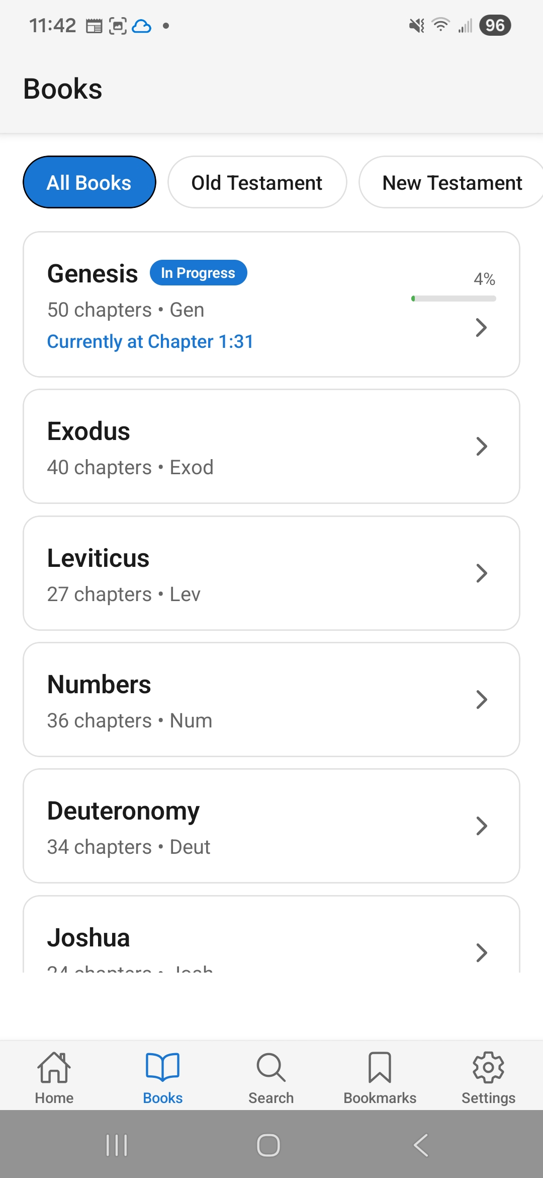 Book selection with In Progress badges